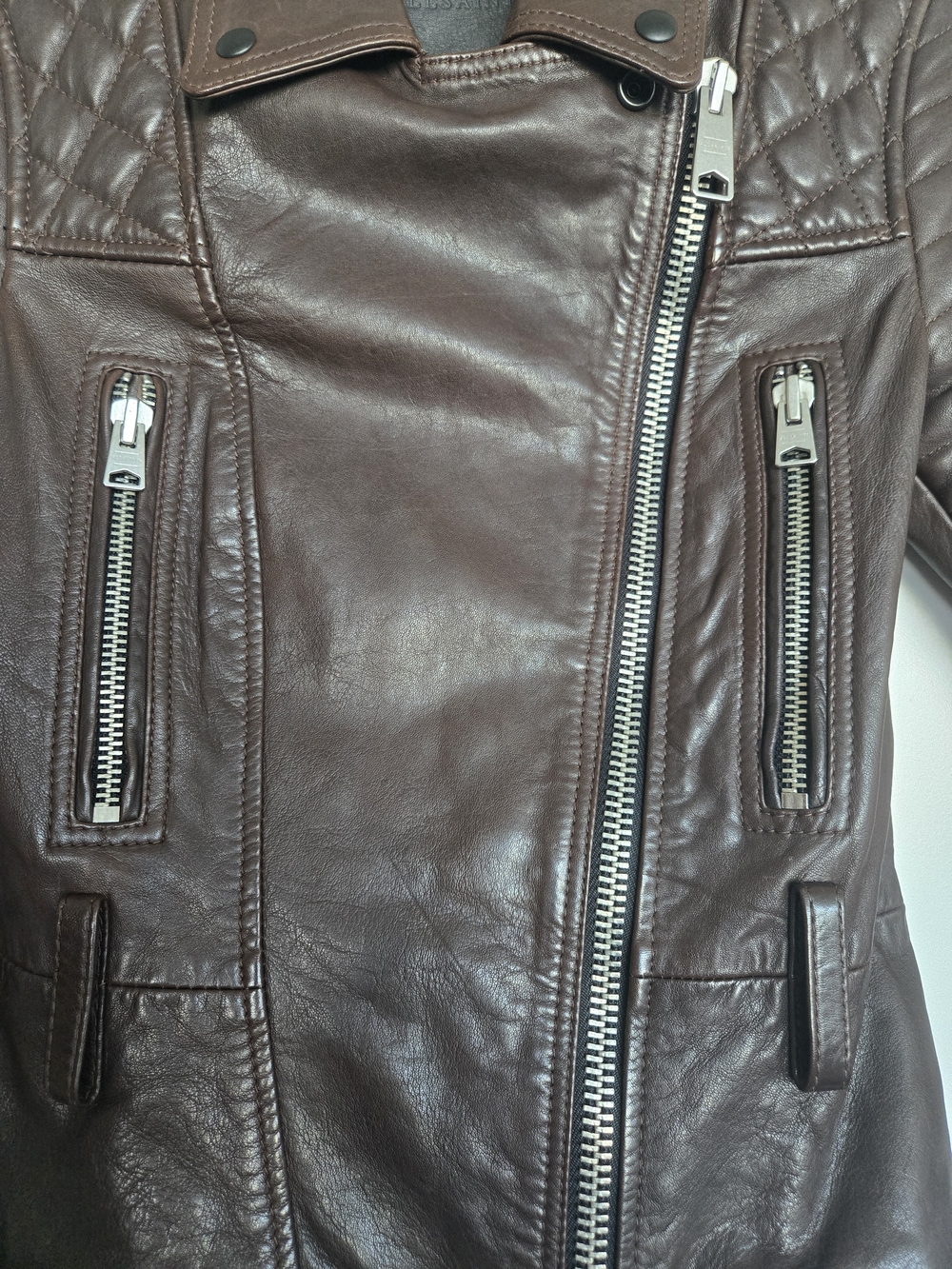 AllSaints Bryden Leather Biker Jacket US 2 UK 6 Brown Quilted Lambskin - Picture 3 of 13